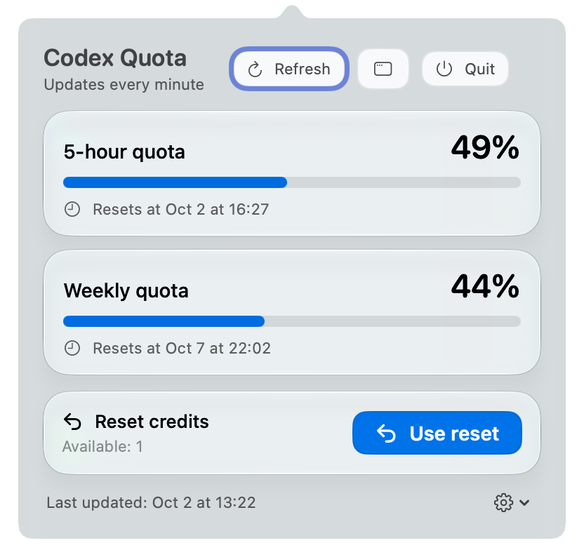 CodexQuota menu bar popover